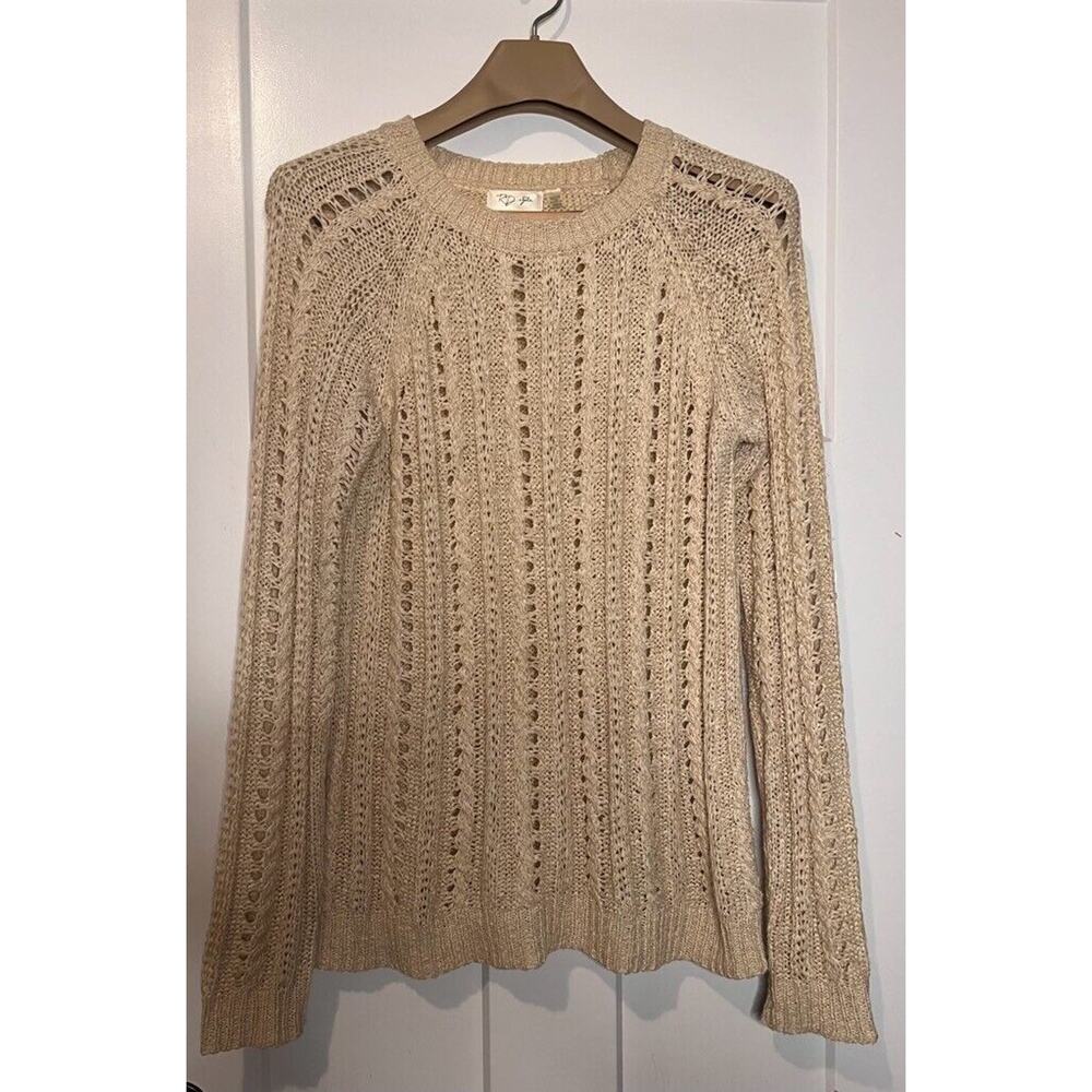 RD Style Womens Pullover Sweater Solid Beige Long Sleeve Round Neck Open Knit M
